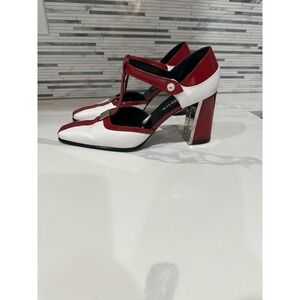 Karl Lagerfeld Red & White‎ T-Strap Heels Square Toe Block Heel Designer Shoes
